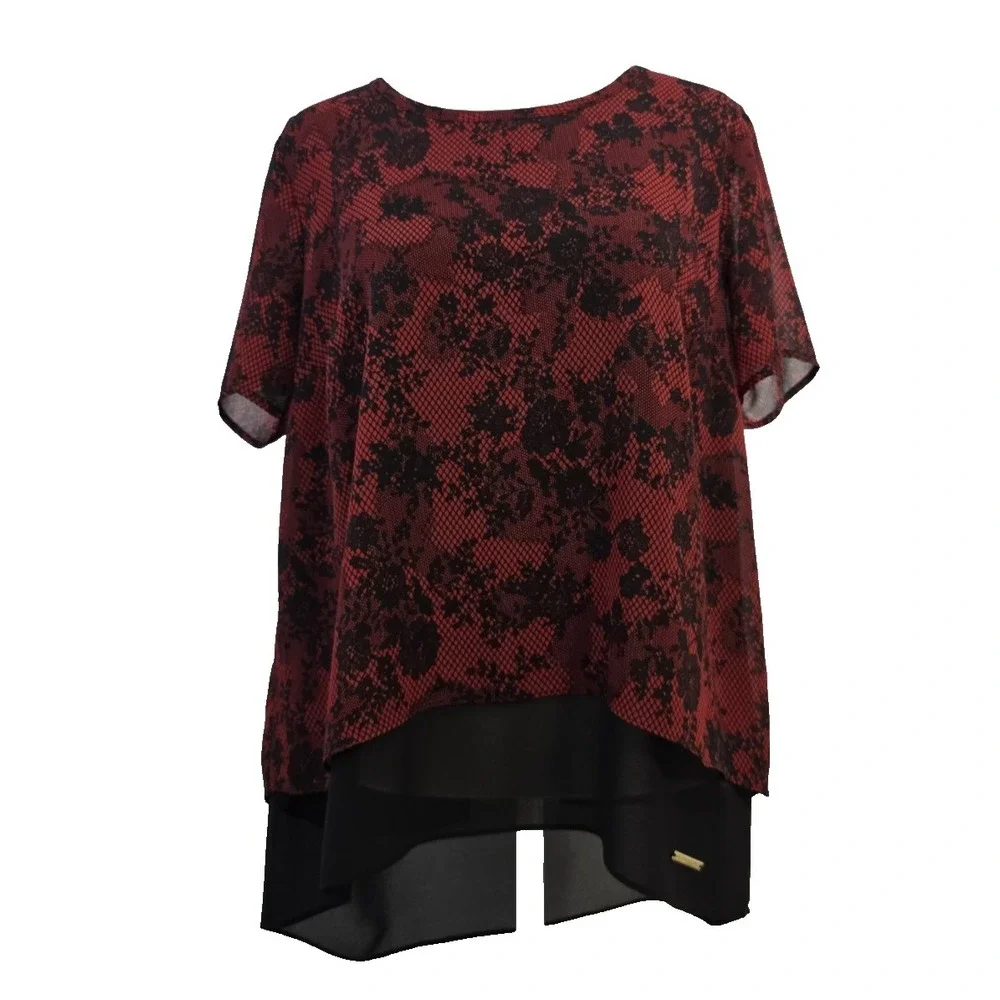 Michael Kors Layered Chiffon Blouse Womens PL Red Black Floral Mesh Split Back
